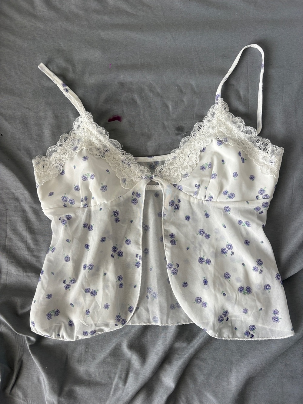 Shein White Floral Lace-Trim Camisole Top - White with Purple Flower Print